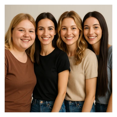 portrait of four young female friends, 25 years old, waist up, each with distinct features: chubby blonde with cheeks, slim brunette, normal weight blonde with wavy hair, slim brunette with very long hair; casual clothing, light background, smiling expressions, friendly atmosphere sticker