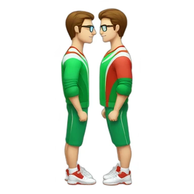 retro 70s red and green gym clothes for a modern white brunette uni male student with glass sticker