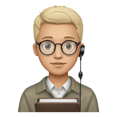 A man in his 20s wearing an apnotebook, wearing radio earrings, round glasses, achromatic clothes sticker