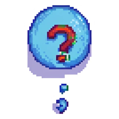 pixel art comic-style question bubble, blocky, with a question mark sticker
