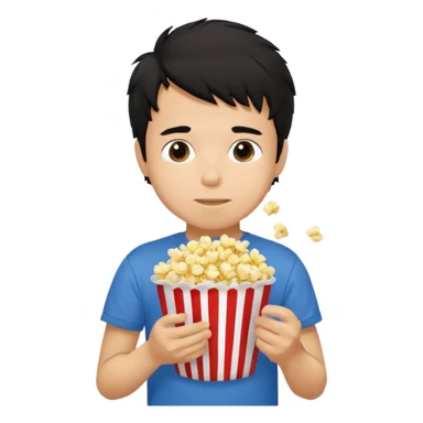 generate a pretty tan bratz boy with a blue tshirt on. eating popcorn. messy black hair sticker