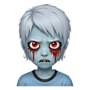  3D emoji-style avatar with very pale blue-grey zombie skin , a young Asian face, and large eyes with blood tears. Give it white litle bit messy mullet hair style , silver hoop earrings, and a plain black T-shirt. The face expression should be slightly angry, with vampire fang sticker