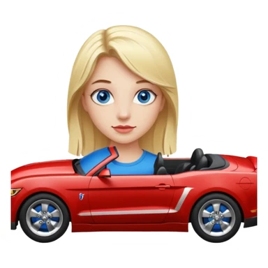 Blonde girl in red Mustang with blue eyes sticker