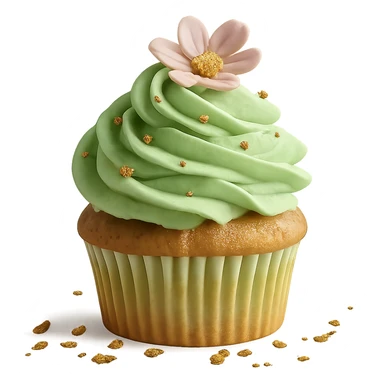 Change the icing to pistachio (light green), keep the realistic cupcake and accessories, photorealistic style, transparent background. Maintain the photorealistic look and details of the cupcake and accessories with a light green pistachio icing. Remove the background to make it transparent. sticker