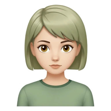 White girl with short wolfcut hairstyle, brown eyes, straight hair, wearing a sage green top sticker