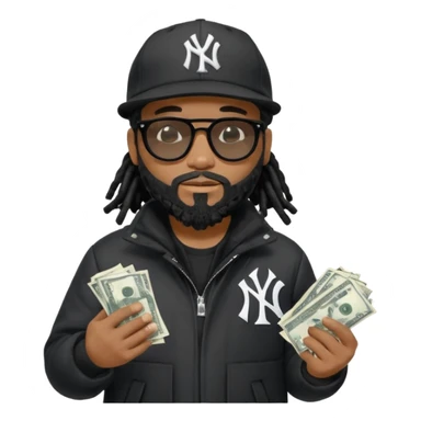 African American man with shoulder length black dreadlocks with black beard wearing black sunglasses wearing a black New York Yankees logo baseball Cap wearing a black bubble winter coat spreading money sticker