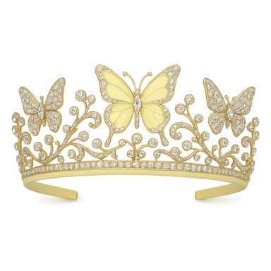 butterfly crown with a soft yellow base, one butterfly in light yellow enamel, sparkling gems sticker