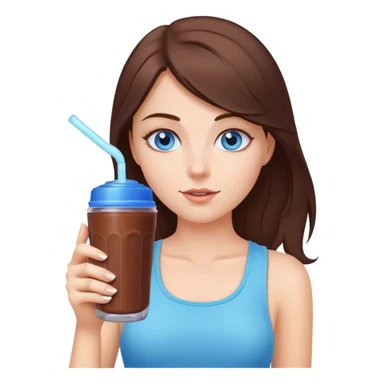 White girl brunette blue eyes drinking chocolate shake healthy In a shaker bottle sticker