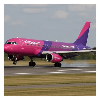 Wizz Air Airbus A320, landing, pink and purple livery, runway visible sticker