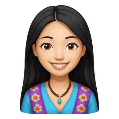 30 yr old asian woman hair trendy clothes center part big eyes big smile tanned skin straight black hair hippie part hair  sticker