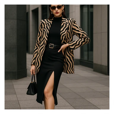 a fashionable girl with thin eyebrows, straight dark hair, prominent lips, and a curvy silhouette, dressed in trendy high-fashion attire sticker