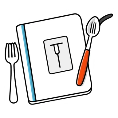 Closed cookbook with a fork and spoon symbol on the cover – collection of recipes sticker