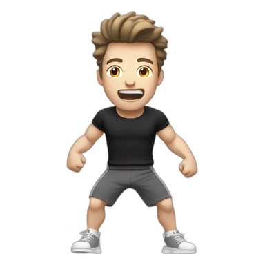 amazed Open with surprise mouth Pale skinned Fit Man With the biceps and dark brown hair in black shirt, gray sports shorts and white Sneakers sticker
