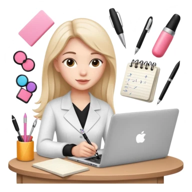 CREATE ME A BEAUTY STUDENT LEARNING A COURSE ON A LAPTOP, ADD BEAUTY TOOLS AROUND, AND NOTES sticker