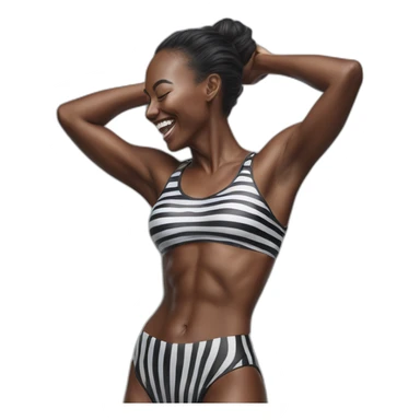 Hyper-realistic tall laughing fitness model in striped body paint from behind sticker