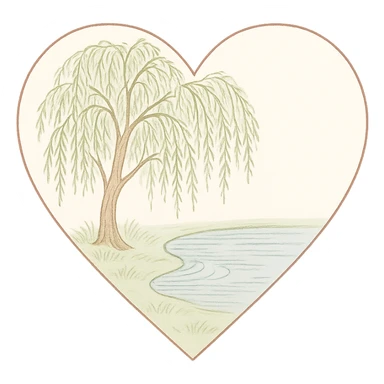 heart with a tranquil willow tree by a pond, clean digital illustration sticker