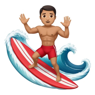 50 year old, muscular, dark haired, tan, red shorts man riding a big wave sticker