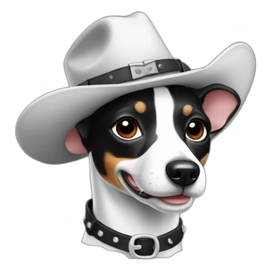 rat terrier wearing a cowboy hat smiling (black and white) sticker