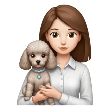 A girl with long straight hair and a white shirt is holding a small light gray poodle sticker