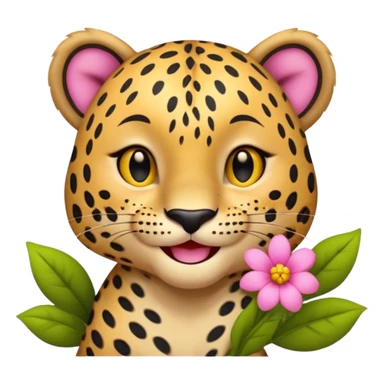 A leopard with big smile. A pink flower with a yellow center is tucked behind its right ear
 sticker
