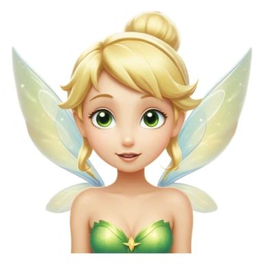 Cinematic Realistic Blonde Tinker Bell Fairy Portrait, head tilted playfully and inquisitively, showcasing a delicate pixie form with finely detailed, golden blonde hair and softly glowing, translucent wings that catch the light with a cascade of fairy dust. Her bright, curious eyes sparkle with mischief and wonder, rendered with lifelike clarity and warm, gentle lighting that captures the essence of a spirited, charming fairy ready to flutter playfully into your heart. sticker