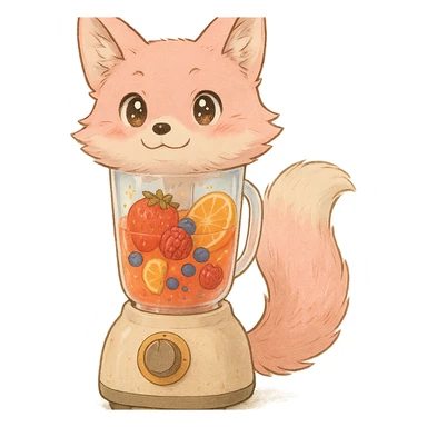 high-quality full-body ghibli style illustration of a blender transformed into a soft fluffy fox with pastel pink fur, transparent body filled with vibrant detailed fruity smoothie, sparkling expressive eyes, sweet joyful expression, highly detailed, clear glossy smoothie inside sticker