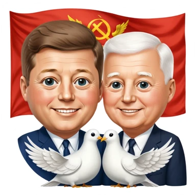 John F. Kennedy and Mikhail Gorbachev side by side, smiling, friendly diplomatic atmosphere, small peace symbol and doves, US and USSR flags as accents sticker