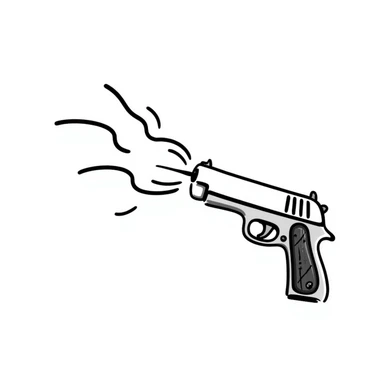 Hand-drawn gun firing with action lines and smoke sticker