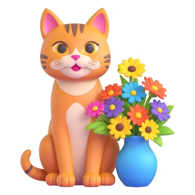 A 3D cheerful cat sitting next to a vase filled with colorful flowers, with the text "Have a Beautiful Day" in the style of the reference image. The image should convey happiness and positivity. sticker