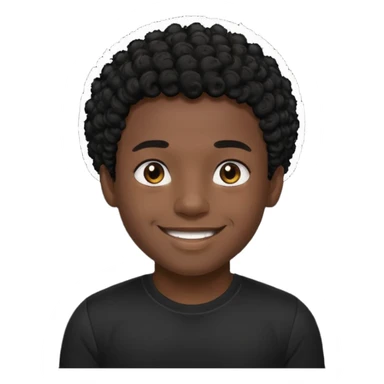 Generate a emoji of a black boy with dark skin, wearing a black compressed T-shirt, with short and very curly black hair sticker