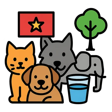 cat, dog, wolf, Vietnam flag, tree, elephant, and a glass all together in lineal color icon with black outlines style sticker