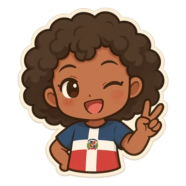 chibi emoji of a Dominican character with curly hair and brown skin, winking sticker