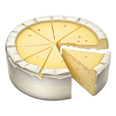 camembert cheese small round wheel, white bloomy rind, creamy pale yellow interior, one wedge removed showing soft oozing center, smooth rich texture, wrinkled rind, no board or extras, soft lighting, subtle shadows, emoji scale sticker