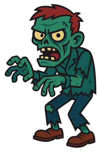homem zumbi, estilo cartoon assustador, pele esverdeada, olhos fundos, roupas rasgadas, expressão ameaçadora sticker