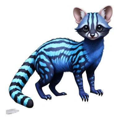 Feral Rare Fantasy iridescent scaly evil spooky vibrant dark shady shaded detailed deep-dark-cobalt-blue-gradients-colored colorful Genet-Trico-Civet-Cacomistle-Margay-species by LiLaiRa, with dark-blackish points, white belly, random markings, tufted tail, tufted ears, full body sticker