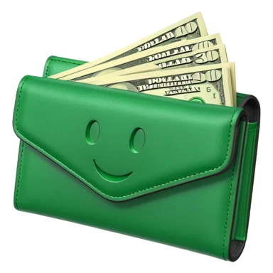 Rich emoji style greenleather wallet with dollar bills, luxury money vibe, premium 3D emoji, ultra clean, high detail, no background sticker