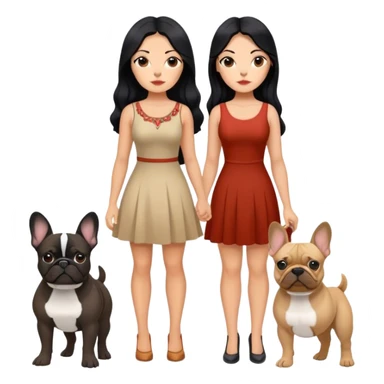 latin woman in a dress with long black hair standing alongside two French bulldogs  sticker