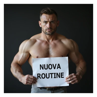 hyperrealistic 4K image of a sad muscular fitness man holding a sheet with the text 'NUOVA ROUTINE', no background, variation 18 sticker