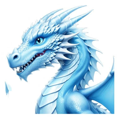 Cinematic Noble wise elegant Ice Dragon Portrait Emoji, Poised and imposing, distinct long elegant snout, with a slender, scaled body shimmering in glacial hues of icy blue, frostbitten silver, and crystalline white, breathing out frost, with piercing, glowing ice blue white eyes that radiate the chilling depths of an arctic storm; rendered in detail. excuding wisdom sticker