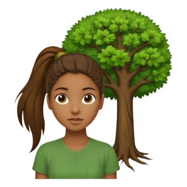 Make a zumba coach emoji, brown eyes, brown hair girl, green shirt withe "the roots" on it, longer pony tail hair, add the tree logo for the roots remove tree from background sticker