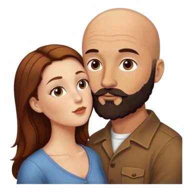 Couple. Bald man with dark brown-black beard. White woman with many small, faded freckles, she has white skin and she has auburn-brown-cinnamon, dark long hair. She has light brown eyes. The man have hazel eyes. Retro style. They kiss. sticker