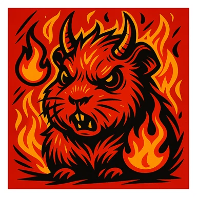 red guinea pig demon with sharp horns and fire emoji elements, bold graphic style sticker