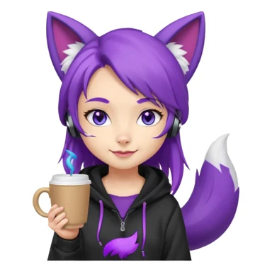 chibi fox girl with purple hair , purple fox ears, purple fox tail, black hoodie, blue eyes with head phones around her neck and white shorts, generate her looking smug holding a large coffee cup sticker