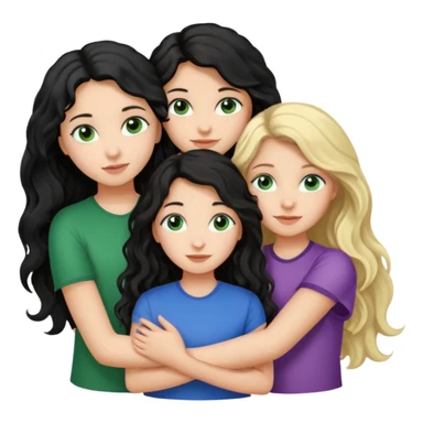 Компанія дівчат троє одна дівчина з чорним волоссям хвилястим довгим карими очима, друга з блондинистим довгим волоссям блакитними очима, третя з темним каштановим волоссям і зеленими очима, вони усі обіймаються sticker