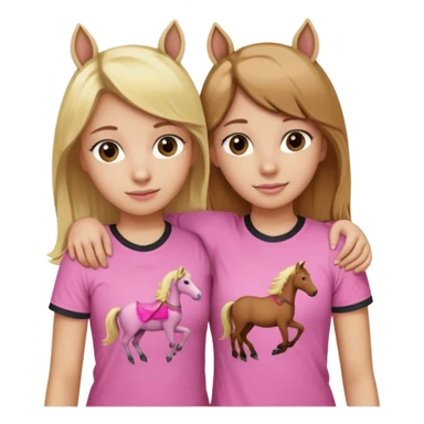 Two Girls with their arms around each other at summer camp one blonde one brown hair brown hair wearing pink horse shirt sticker