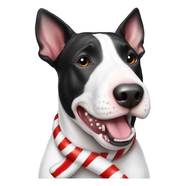 Black and white bull terrier with candy cane sticker