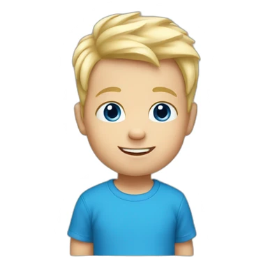 A baby boy with blonde hair, blue eyes and a blue t-shirt and with teeth sticker