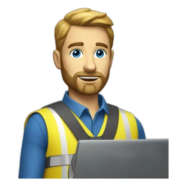 Ikea manager blue eyes beard with laptop and yellow security vest sticker