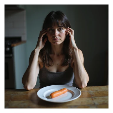realistic style adult thin woman sitting at kitchen table with an almost empty plate with only a carrot, tired expression, simple kitchen environment, cold lighting, sad atmosphere sticker