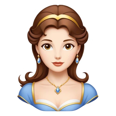 Cinematic Majestic Belle Portrait Emoji, rendered in a clean, vector-style with bold, simplified shapes. Show Belle with a serene, noble expression, fair skin and gracefully styled brown hair, her classic attire refined and understated. The design radiates a majestic, enchanting glow with high shine and a soft glowing outline, embodying royal elegance. sticker